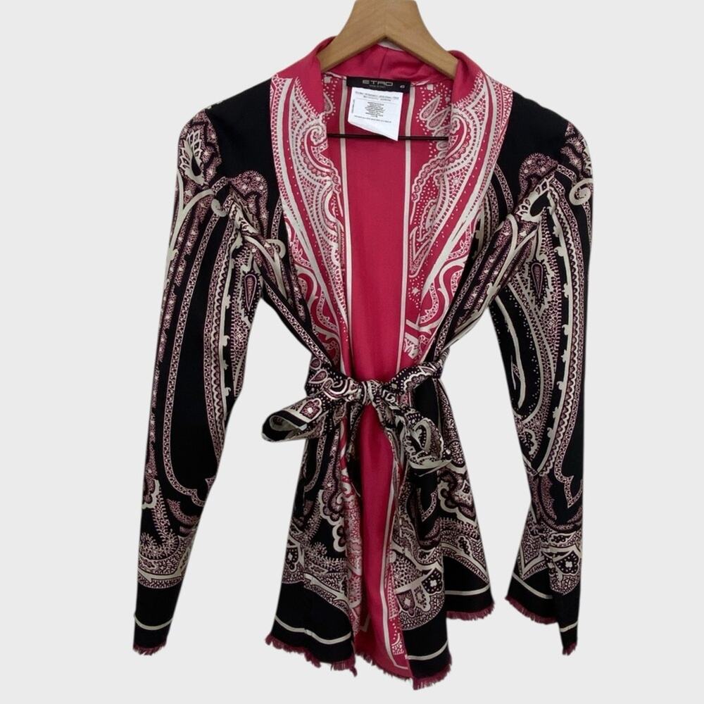 ETRO Pink Black Paisley Scarf Print Silk Open Fringe Trim Jacket with Belt
